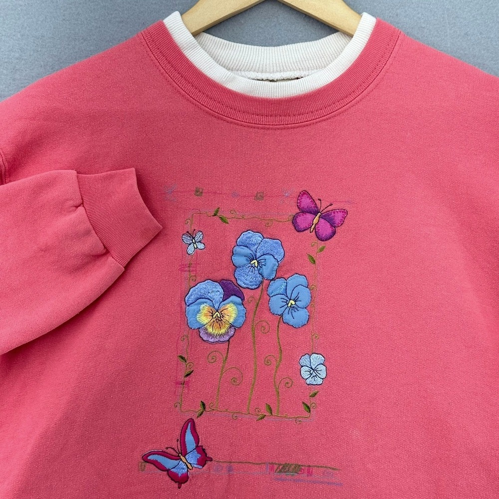VTG Top Stitch By Morning Sun Pink Floral Butterfly Embroidered Sweatshirt SZ M